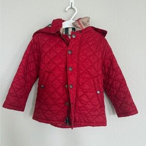 Burberry Kids Red Quilted Hooded Puffer Jacket, 2 Years